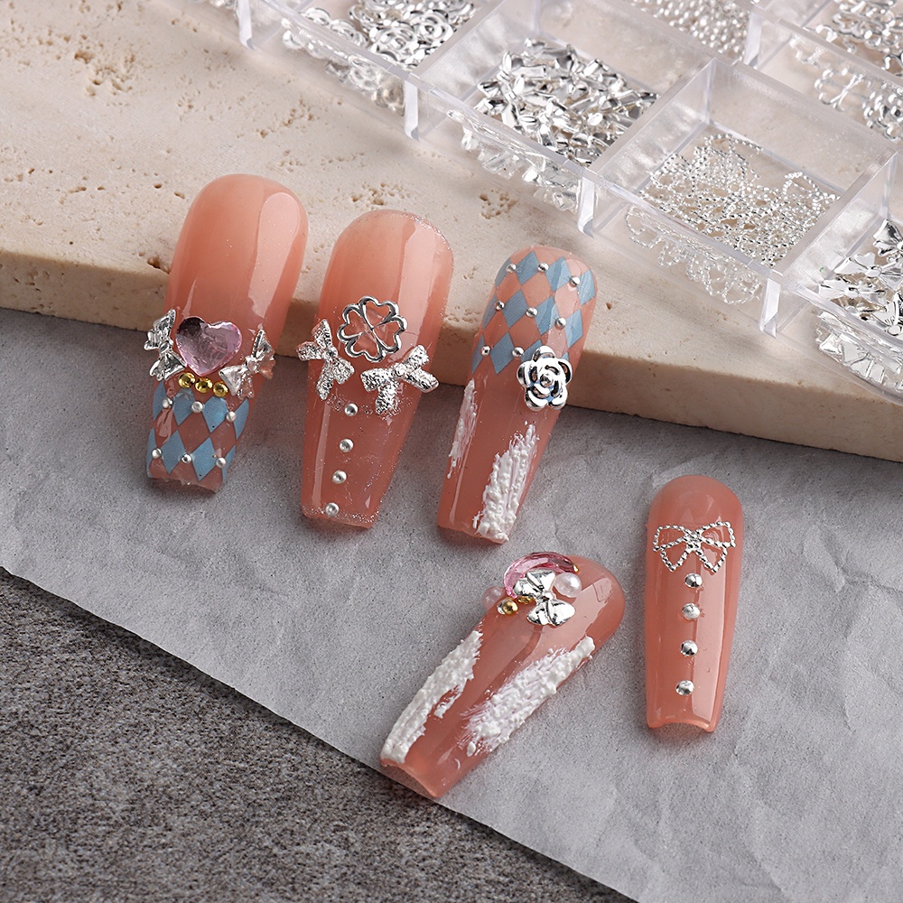 Hạt Đá 3D Bằng Hợp Kim Màu Vàng / Bạc Hình Nơ / Trái Tim Dùng Trang Trí Móng Tay Nghệ Thuật DIY