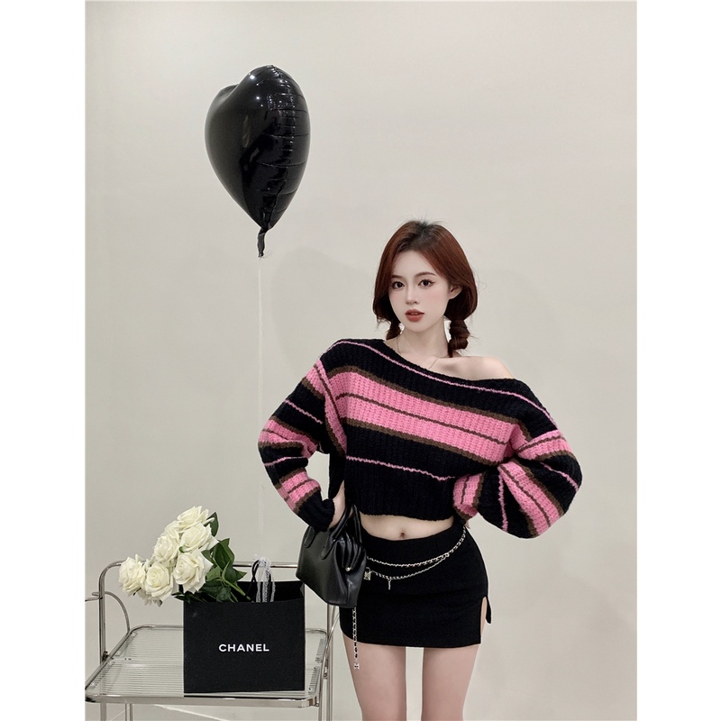 Áo Sweater Dệt Kim Dáng Rộng Ngắn Họa Tiết Kẻ Sọc Thời Trang Cho Nữ