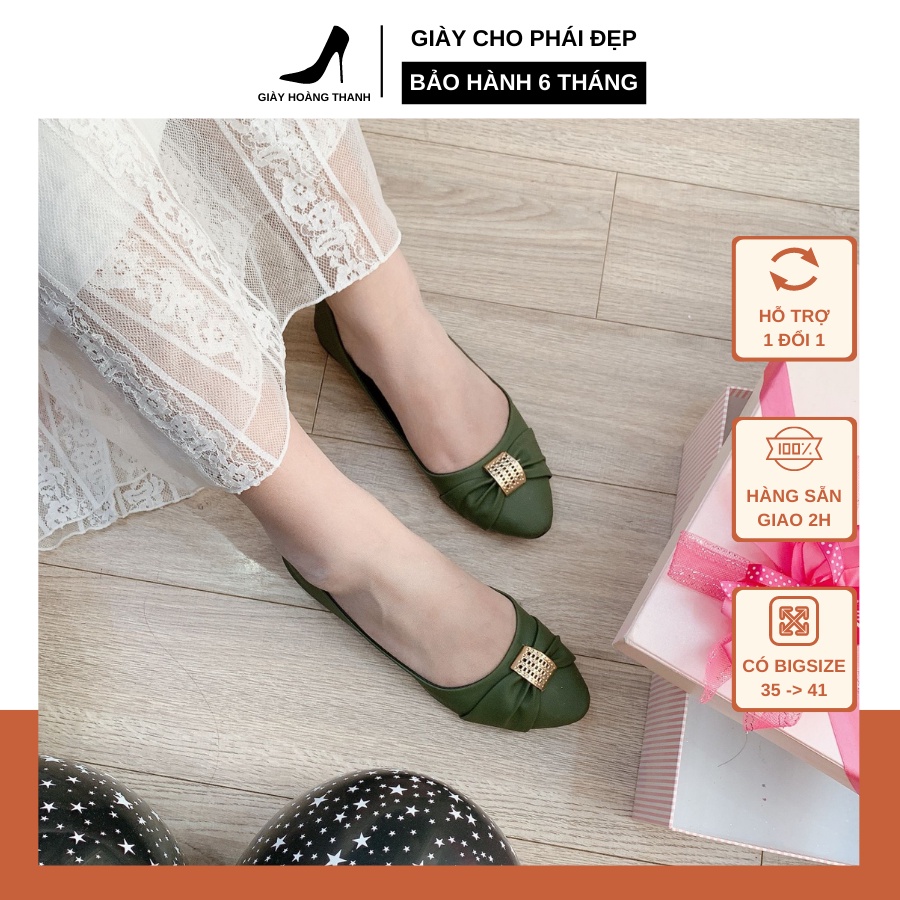 Giày Búp Bê Bệt Nữ Mũi Nhọn Da Mềm Đế Vuông Hoàng Thanh Tổng Hợp