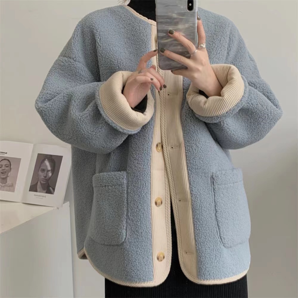 Áo Khoác Lông Cừu Dày Dặn Màu Sắc Retro Thời Trang Mùa Đông Cho Nữ