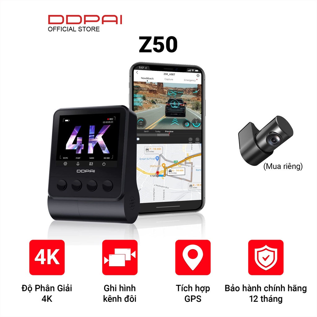Camera Hành Trình DDPai Z50 Độ Phân Giải 4K Ghi Hình Kênh Đôi Tích Hợp GPS FOV 140° Giám Sát Đỗ Xe 24h