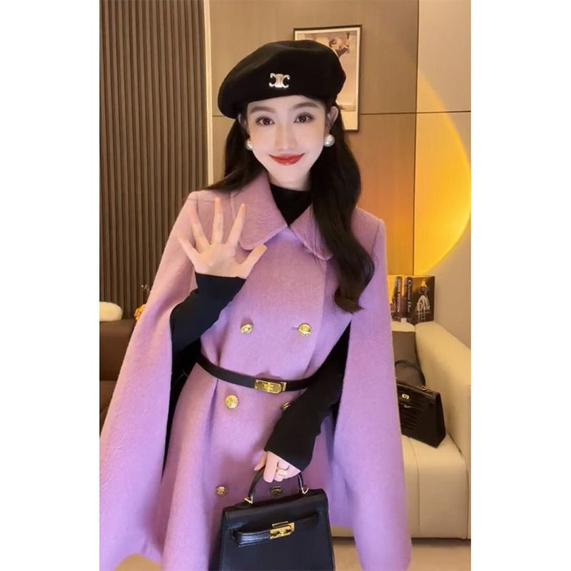 Xiaoxiang Áo Choàng Len Cao Cấp Màu Tím Phong Cách Hepburn Thu Đông Dành Cho Nữ