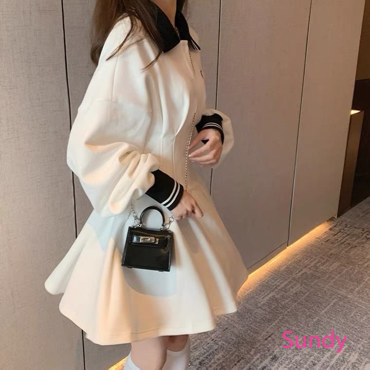 Plus Đầm Chữ A Tay Dài Cổ Polo Màu Trắng Phong Cách Vintage Thời Trang Mùa Thu Dành Cho Nữ