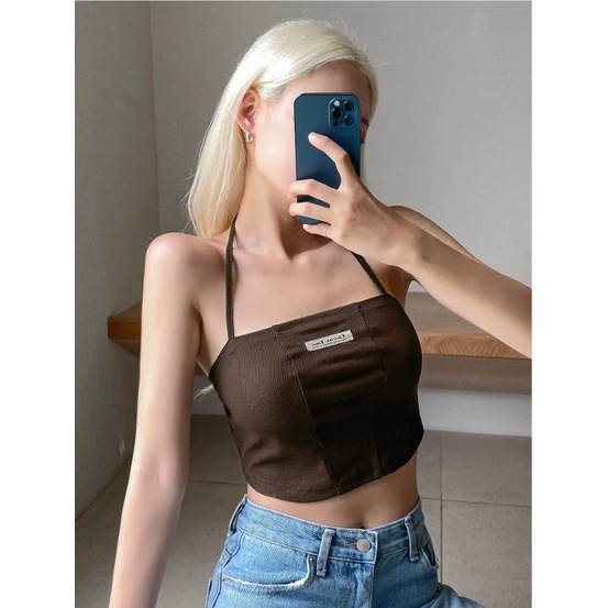 Áo croptop hai dây basic màu nâu tôn da