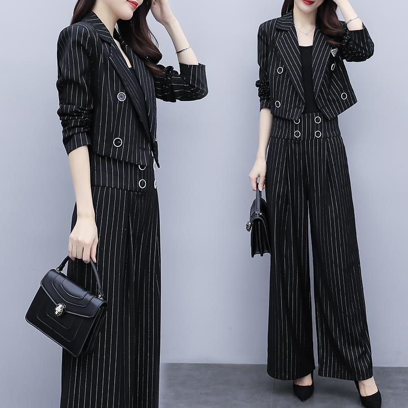 Bộ Áo Khoác Vest Kẻ Sọc + Quần Dài Ống Rộng Thời Trang Hàn Quốc Cho Nữ