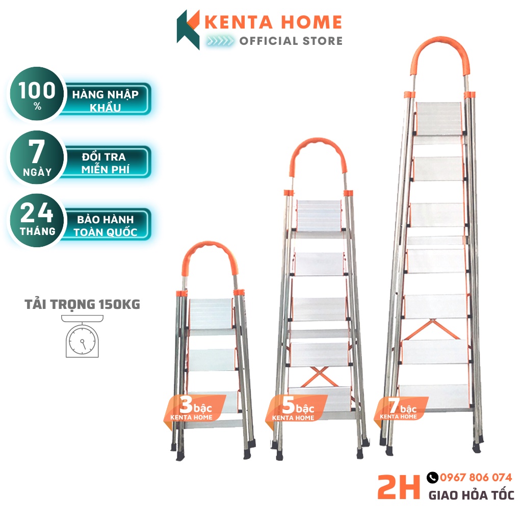 Thang ghế nhôm tay vịn chữ A bản to 3 - 5 - 7 bậc từ 0.74m - 1,74m xếp gọn, Khung Inox có đế cao su chống trượt an toàn