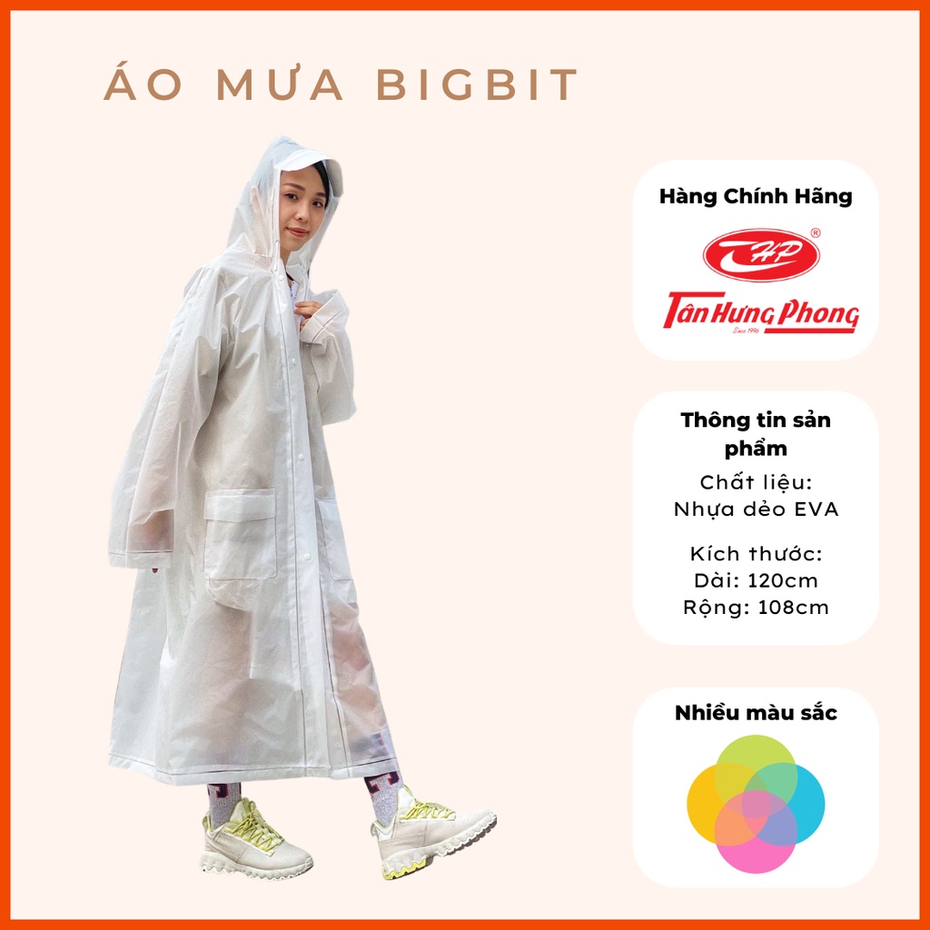 Áo Mưa Người Lớn Trong Suốt BigBit Dáng Dài có khóa kéo nhựa dẻo EVA chống thấm nước