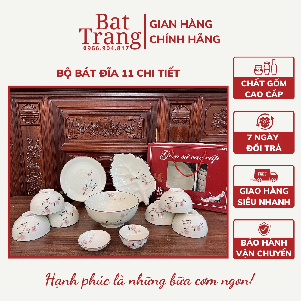 Bộ bát đĩa sứ 11 sản phẩm - bộ bát đĩa Bát Tràng men kem cao cấp ( có bán lẻ từng sản phẩm )