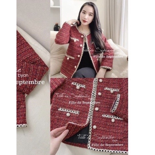 Áo dạ đỏ dây dệt cúc ngọc 4 túi AD07
