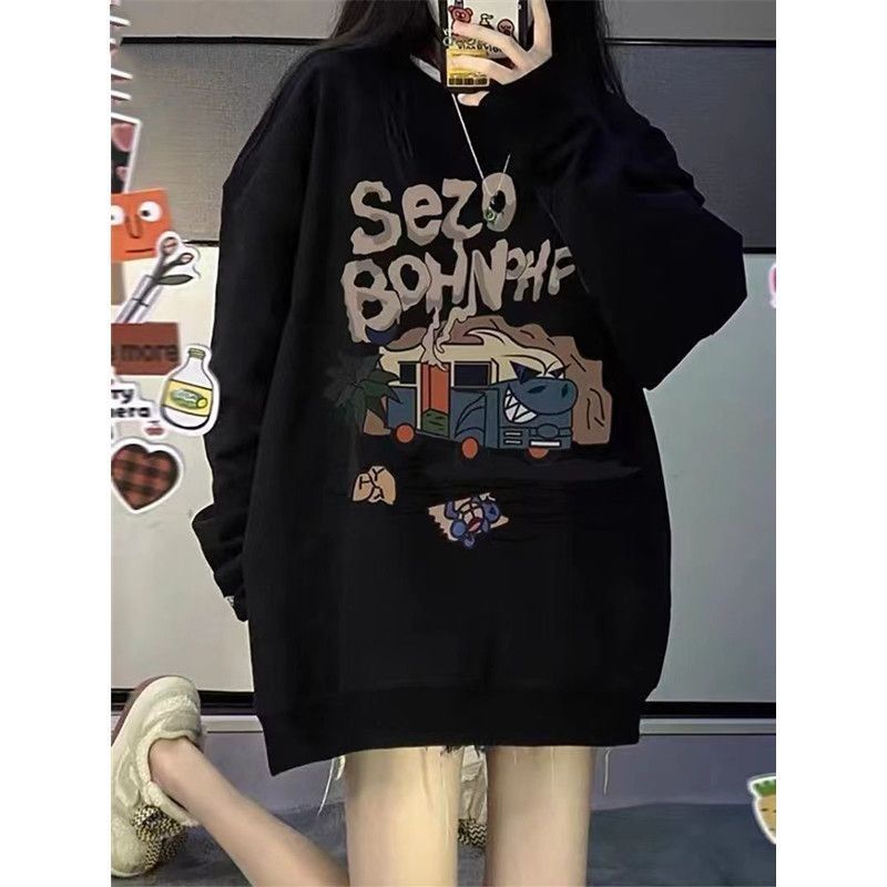 Jiashucheng Áo Nỉ Dài Tay Cổ Tròn Form Rộng In Họa Tiết Ngọt Ngào Phong Cách Mỹ