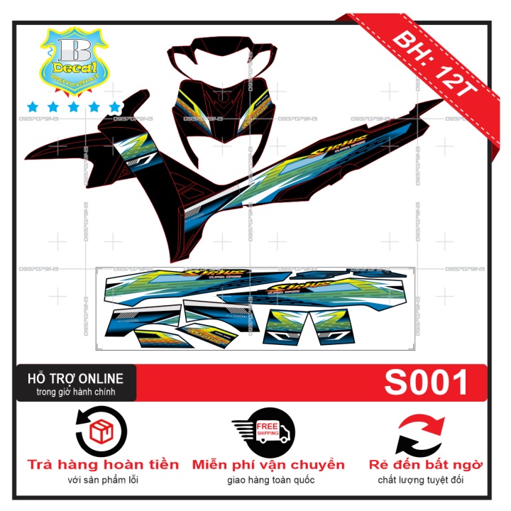 DECAL PVC 5 LỚP CHẤT LƯỢNG CAO Tem rời sirius xanh đen