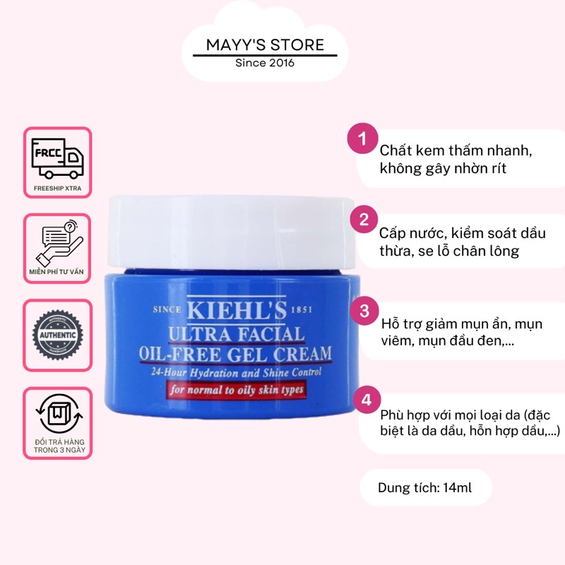 Kem Dưỡng Kiềm Dầu KIEHL'S Oil Free Cấp Nước, Se Lỗ Chân Lông