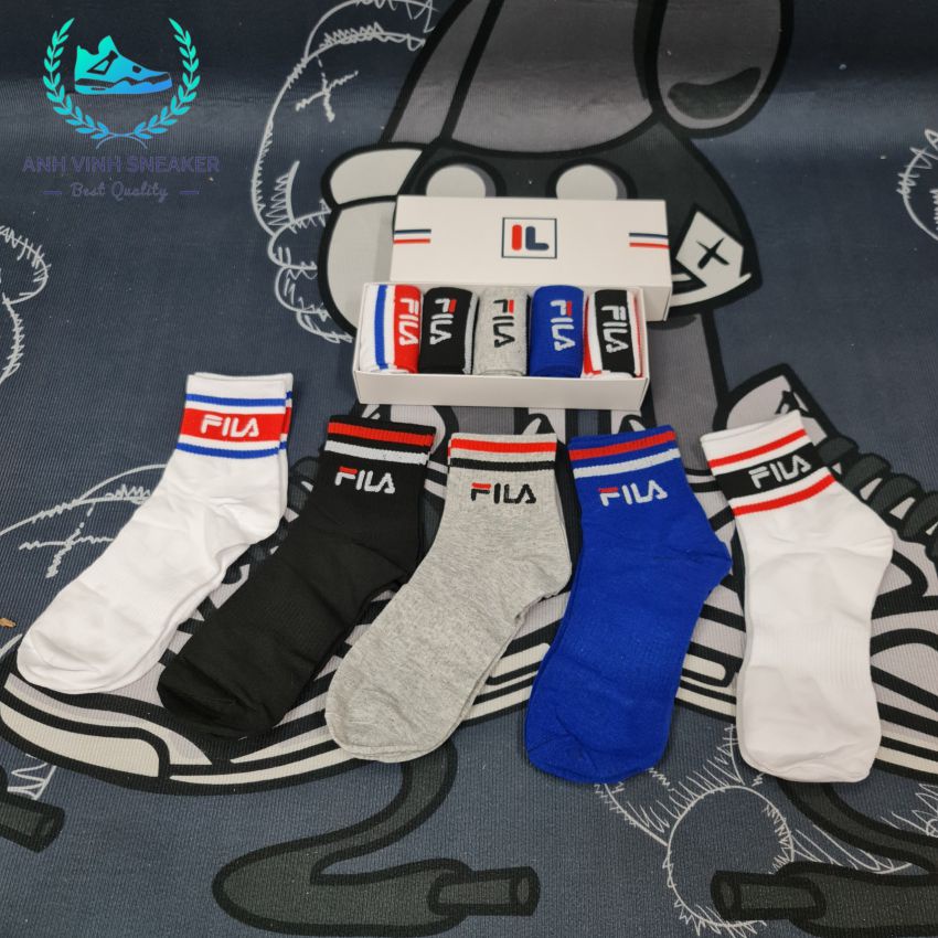 Tất fila cổ trung nhiều màu hộp 5 đôi vớ unisex