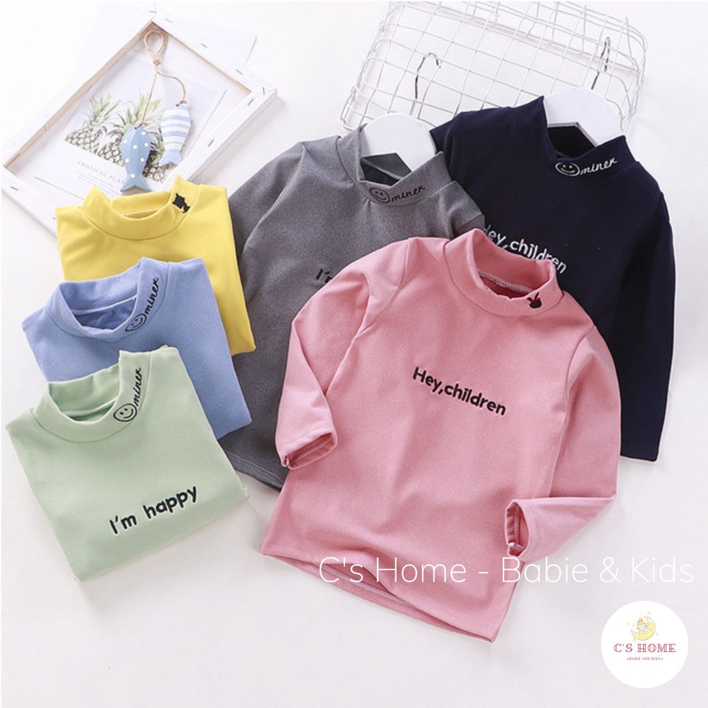 Áo dài tay giữ nhiệt cho bé trai và bé gái cổ cao 3 cm vải cotton nỉ mềm mịn, ấm áp size từ 3 đến 8 tuổi