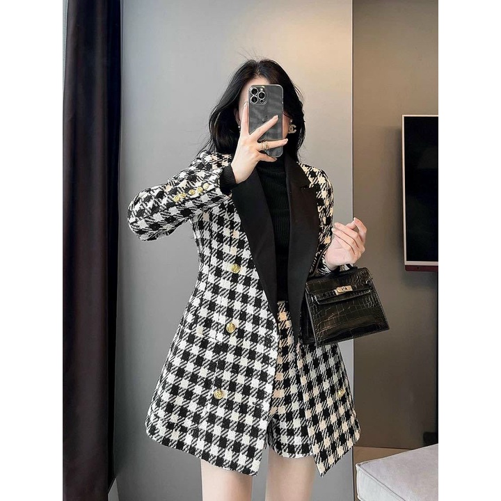 Sét vest nữ 2 món,áo vest caro dáng dài cổ phối mix quần cạp cao chất bố dạ cao cấp chuẩn from