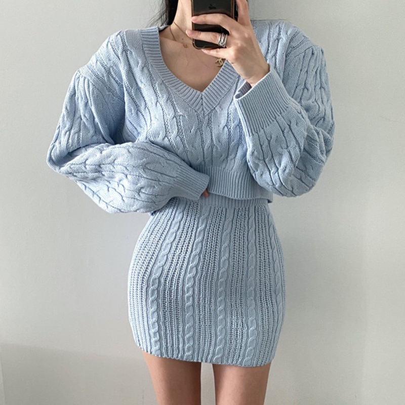 Set Áo Len Dài Tay Cổ Chữ V + Chân Váy Lưng Cao Thời Trang Nữ