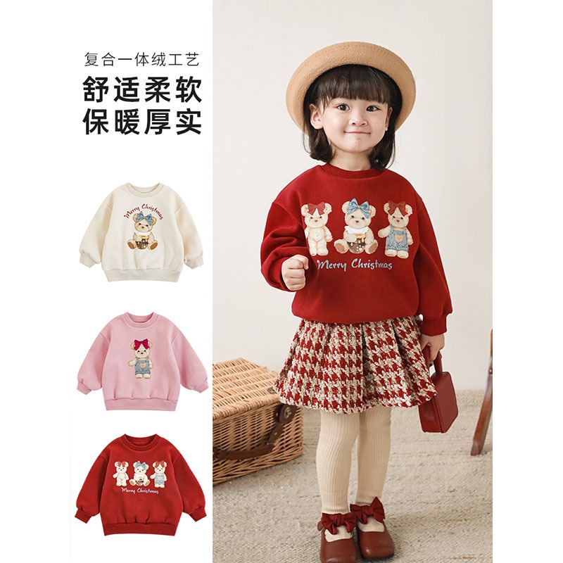 Áo Nỉ Chui Đầu Dáng Rộng Lót Lông Cừu Họa Tiết Gấu Hoạt Hình Dễ Thương Cho Bé Gái