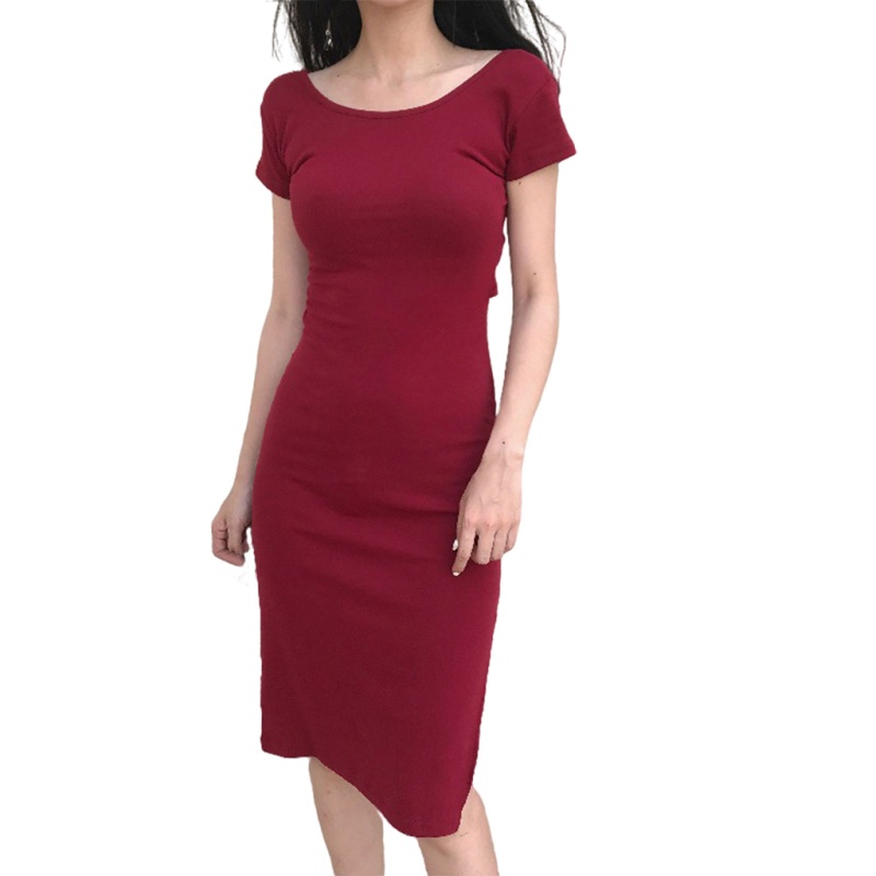 Brroa Đầm Midi Tay Ngắn Cổ Thuyền Dáng Bút Chì Hở Lưng Chéo Màu Trơn Xẻ Tà Bên Hông Gợi Cảm Cho Bạn Gái