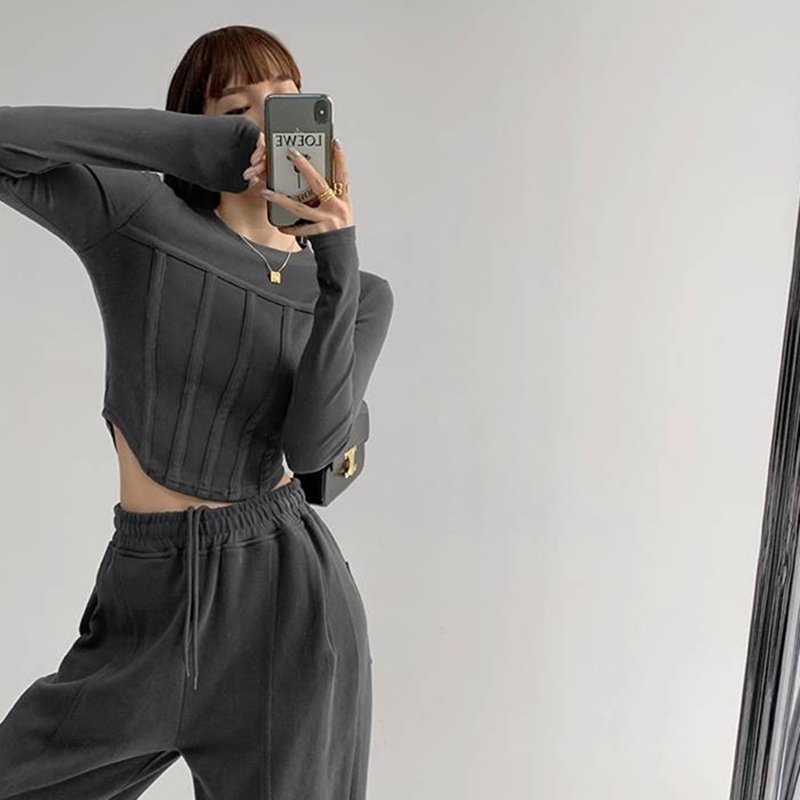 Áo kiểu SUXI tay dài cổ tròn màu trơn dáng ôm thời trang mùa thu dành cho nữ