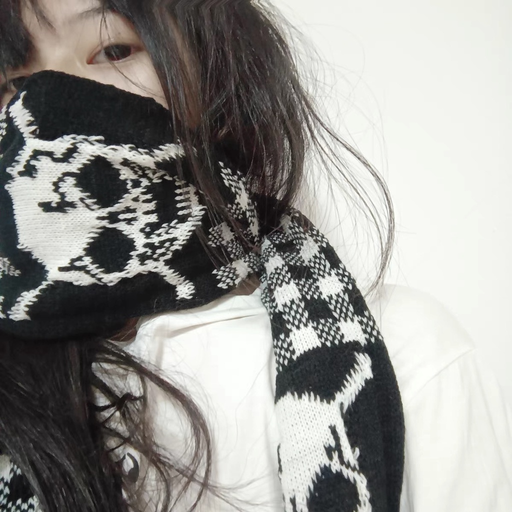 Punk wind y2k Khăn Choàng Cổ Dệt Kim Hình Đầu Lâu Gia Vị Cô Gái Ban Đêm Chính Hãng
