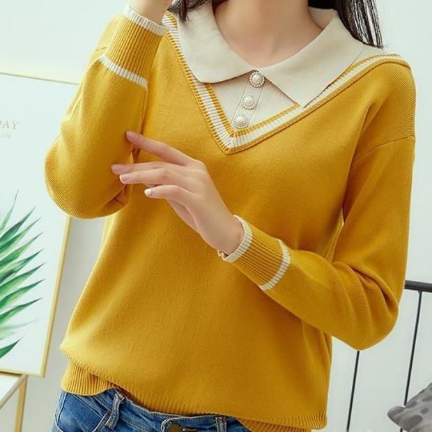 Áo Sweater Dệt Kim Tay Dài Dáng Rộng Cổ Búp Bê Giả Hai Lớp Thời Trang Thu Đông Cho Nữ