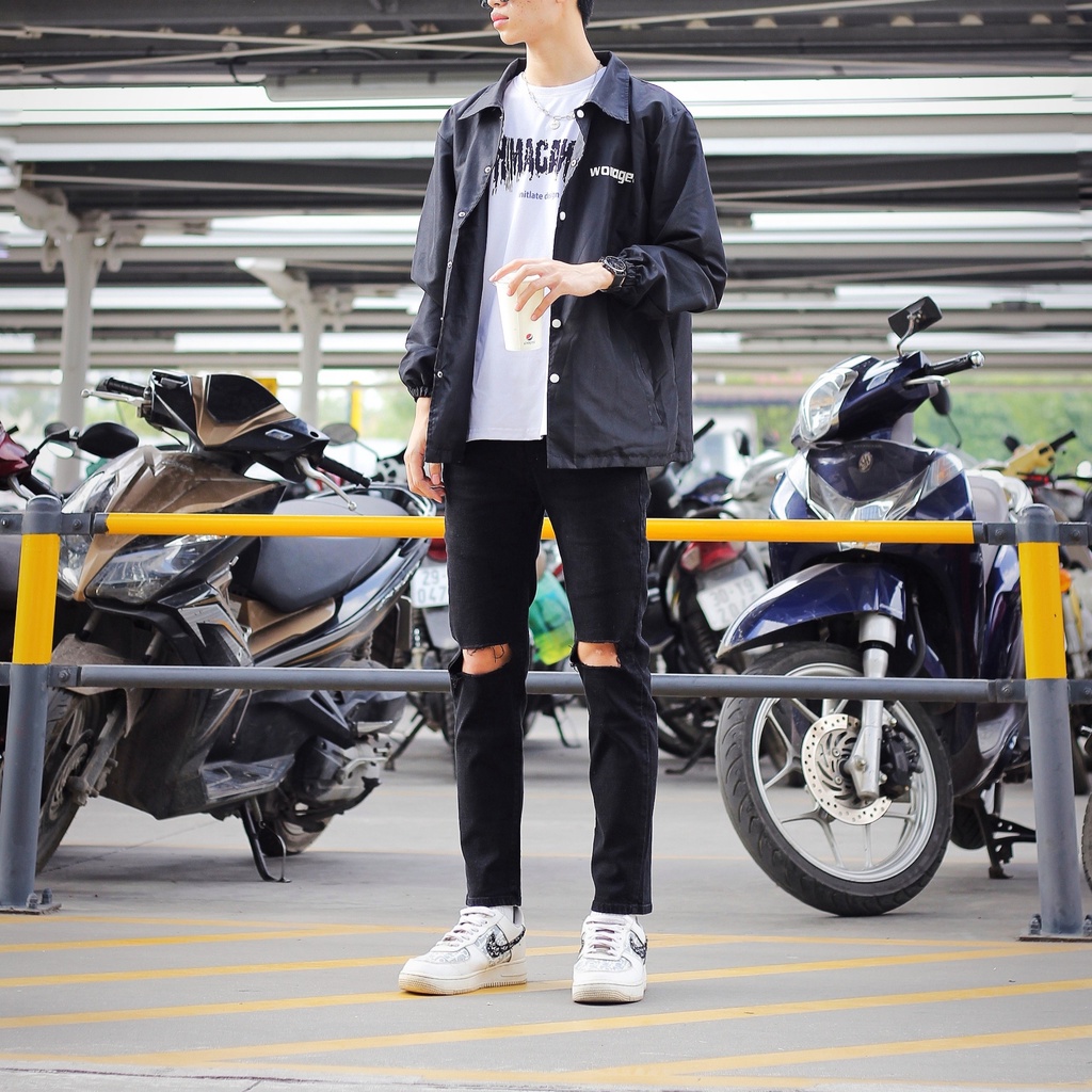 Quần jean nam rách gối vuông chất bò denim màu đen co giãn cực tốt ngầu dáng slimfit skinny đẹp giá rẻ chuyensiluxury