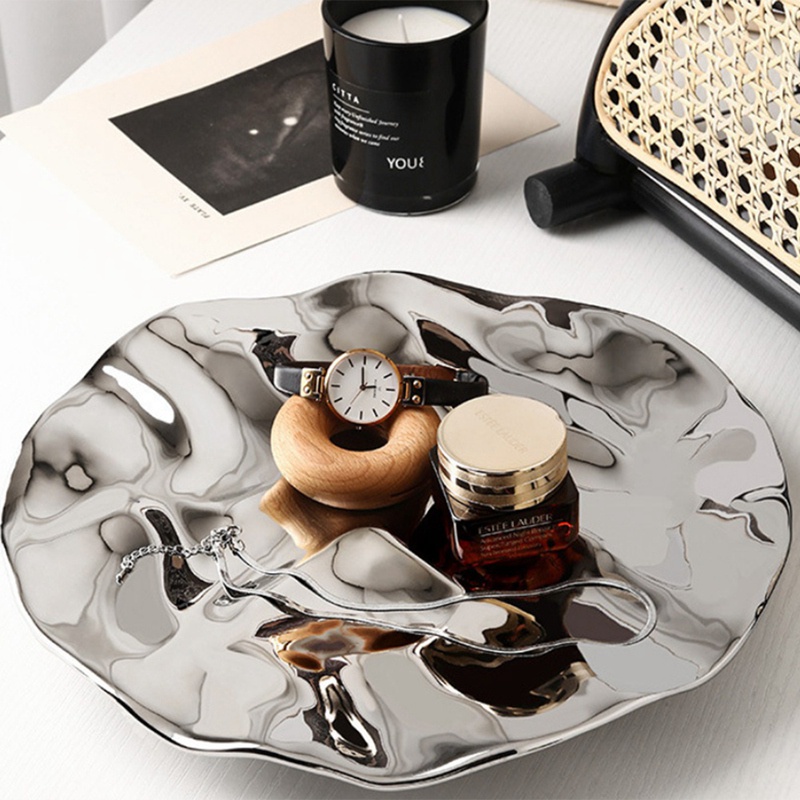 Đĩa Tròn Đựng Nước Hoa / Trái Cây / Đồ Ăn Vặt Mạ Bạc Kiểu Gợn Sóng Độc Đáo