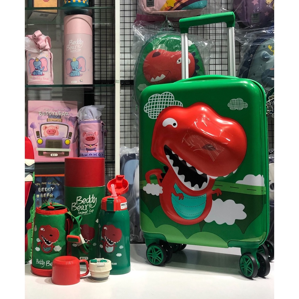Combo Vali + Bình nước giữ nhiệt cho bé BeddyBear - Họa tiết 3D Khủng Long - BH chính hãng 12 Tháng