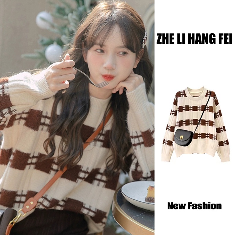 Áo sweater ZHELIHANGFEI len tay dài cổ tròn phong cách thời trang dành cho nữ