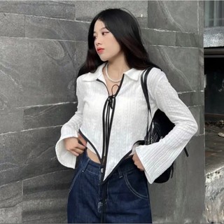 Áo croptop tay dài cổ bẻ phối dây thắt nơ vạt so le dáng ôm body cá tính