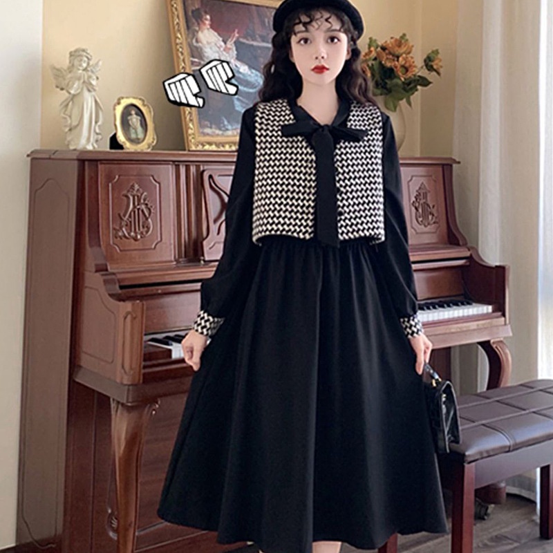 IELGY IELGY Bộ Đầm Hai Mảnh Họa Tiết Kẻ Ô Màu Đen Kích Thước Lớn Phong Cách Pháp Dành Cho Bạn Nữ