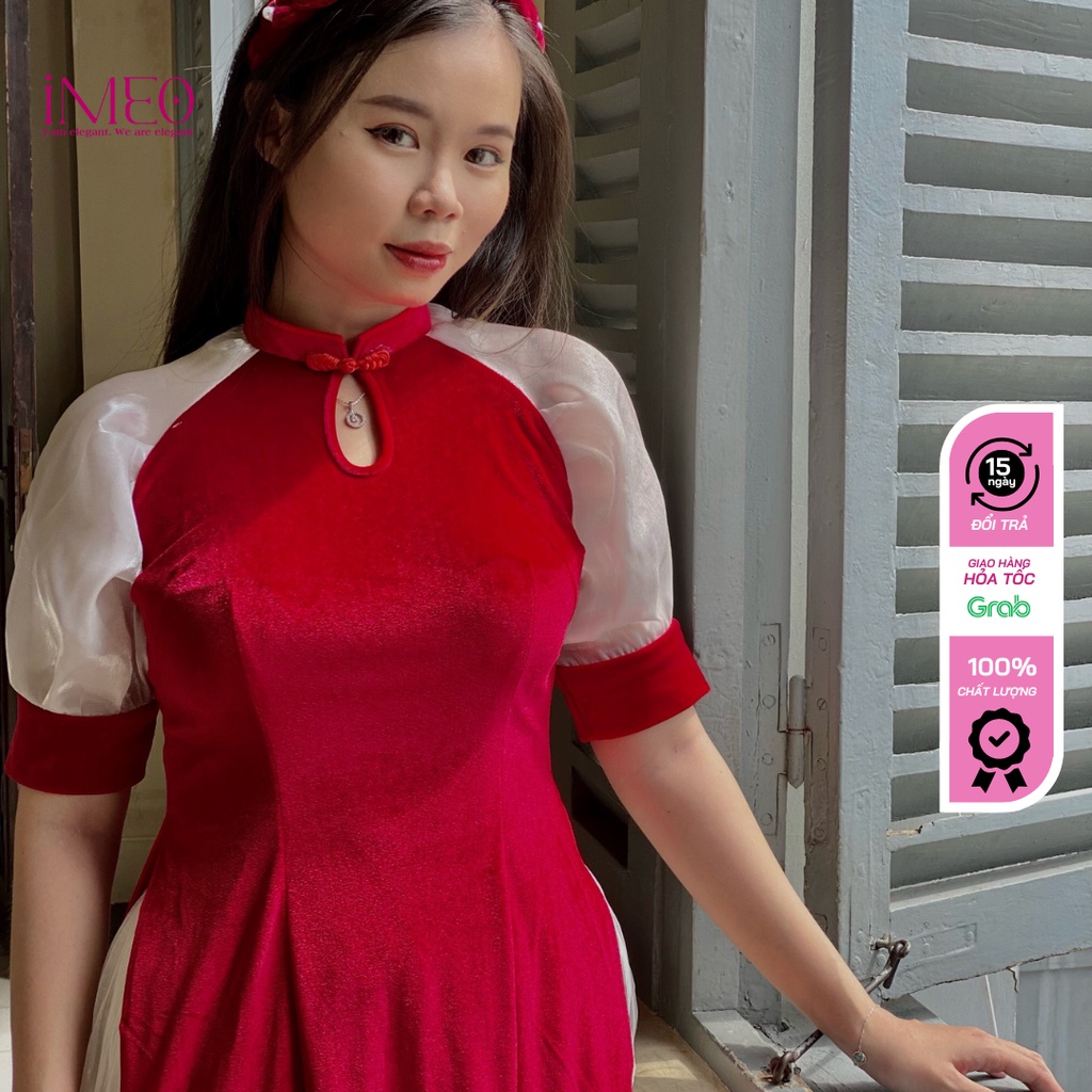 Áo dài cách tân, áo dài truyền thống cách tân chất nhung cao cấp màu đỏ tươi đỏ đô ao dai IMEO