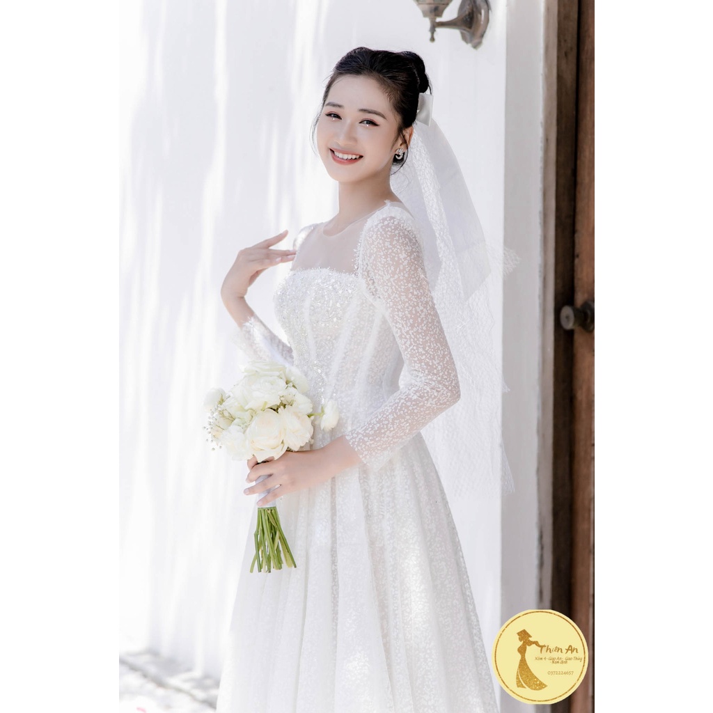 Váy tay dài phối ren my KIM sa cao cấp, thiên an ĐỒ CƯỚI CAO CẤP
