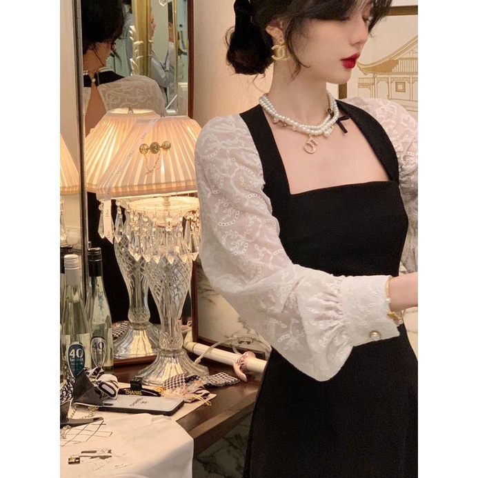 Đầm Dài Cổ Vuông Phối Ren Họa Tiết Bướm Phong Cách Pháp Thanh Lịch Thời Trang Mùa Thu Cho Nữ