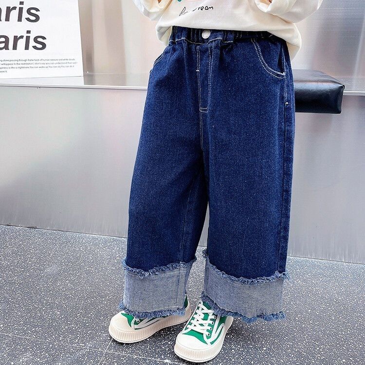 Quần Jeans Denim Ống Rộng Thoải Mái Ấm Áp Thời Trang Xuân Thu Cho Bé Gái