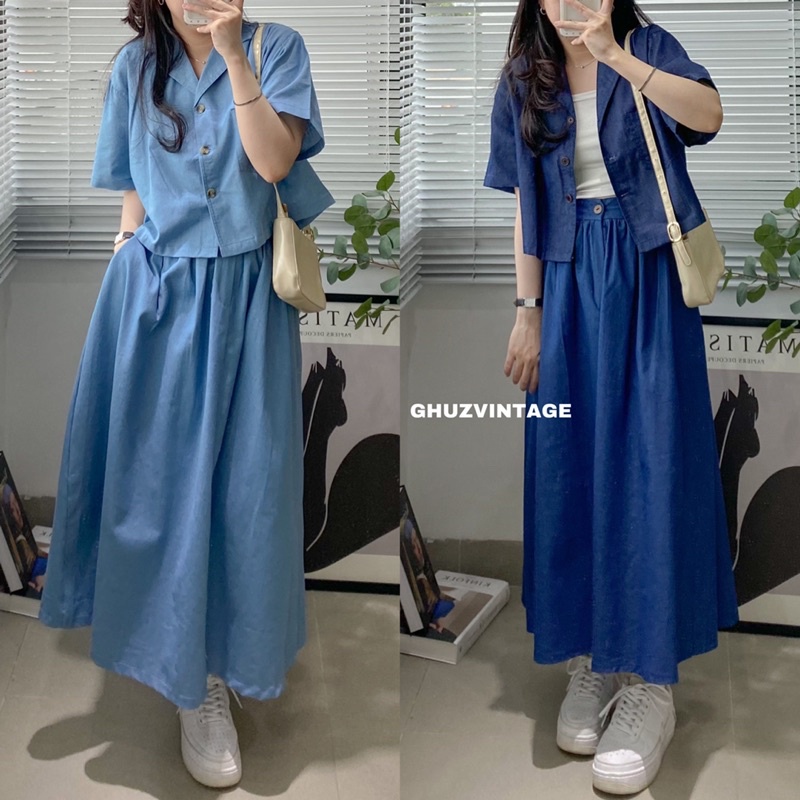 Áo sơ mi cổ vest & Chân váy bò mềm freesize (Ảnh thật,có sẵn)