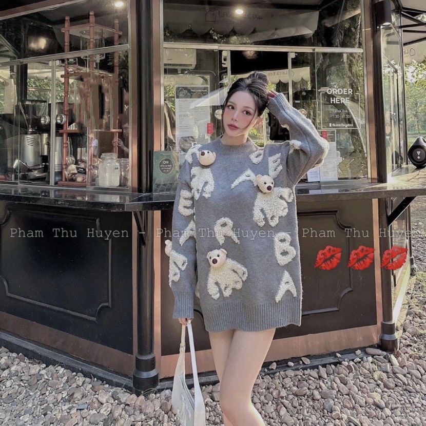 Áo len sweater chữ xù nổi đính gấu rời AL85