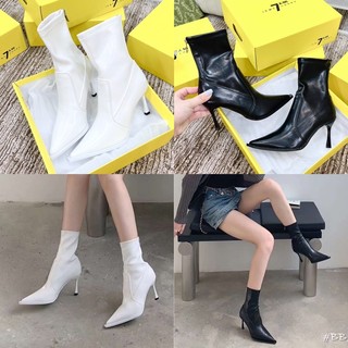 Bốt boot cổ thấp mũi nhọn da lì khóa sau gót nhọn fullbox hàng quảng châu cao cấp