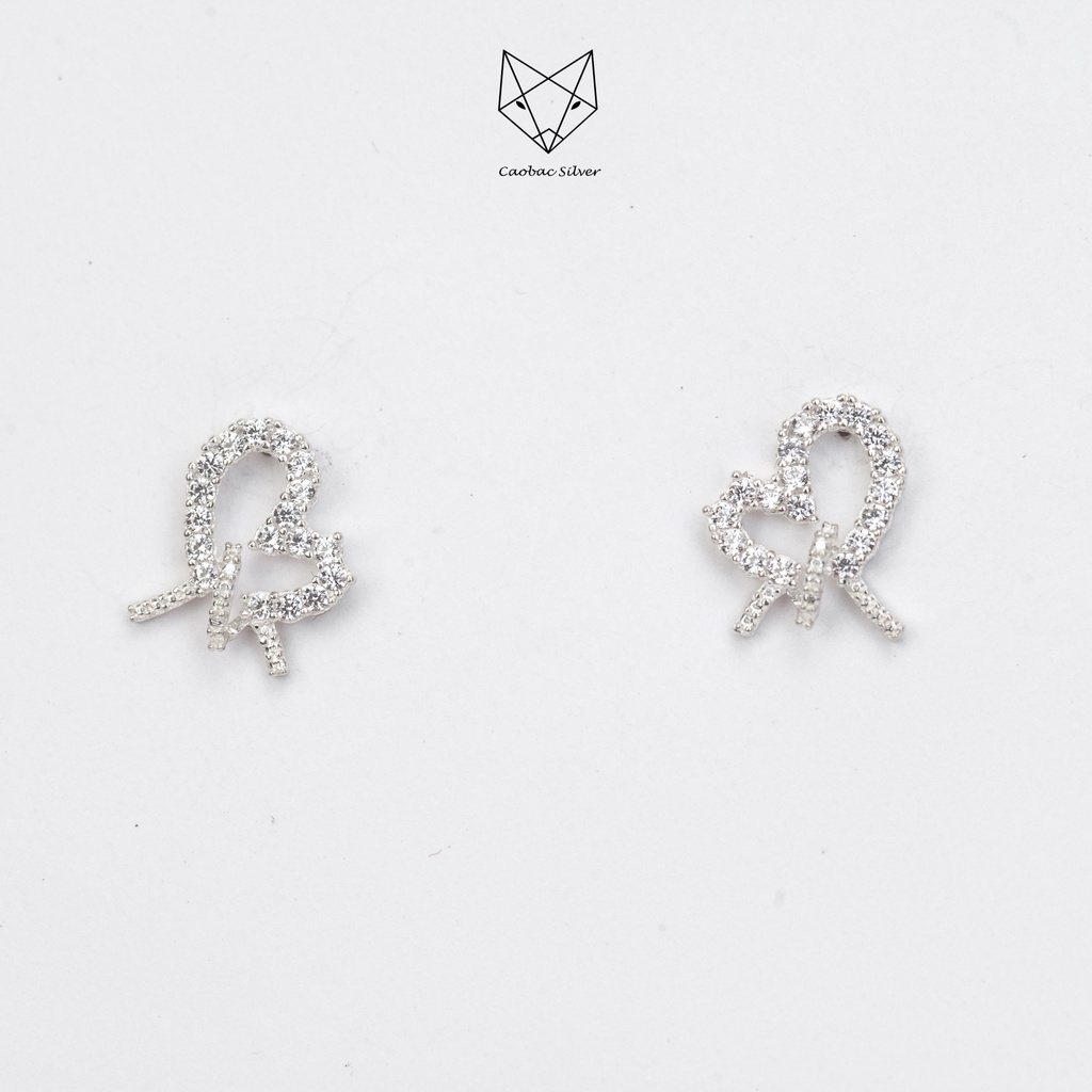 Khuyên Tai Bạc Ta Nữ CaoBac Silver Hình Nơ Đính Đá Cạnh Xoắn Thiết Kế Lạ Mắt , Lấp Lánh  Xinh Xắn Cho Bạn Bạn Gái