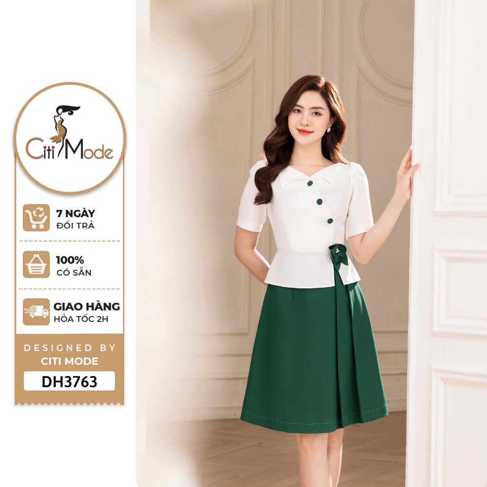 Đầm công sở CITI MODE FASHION thiết kế dáng xoè trắng phối chân váy xanh DH3763