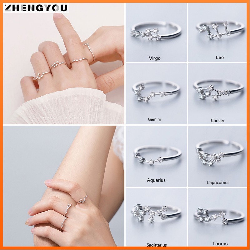 Nhẫn bạc 925 có thể điều chỉnh họa tiết 12 cung hoàng đạo đính đá zircon thời trang dành cho nam và nữ