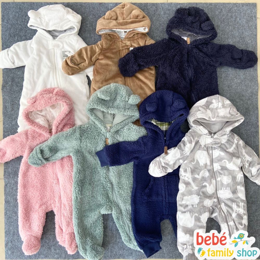 Body nỉ bông cho bé sơ sinh đến 9 tháng hàng xuất dư Carters chất lông mịn khóa kéo nón gấu - SLTE