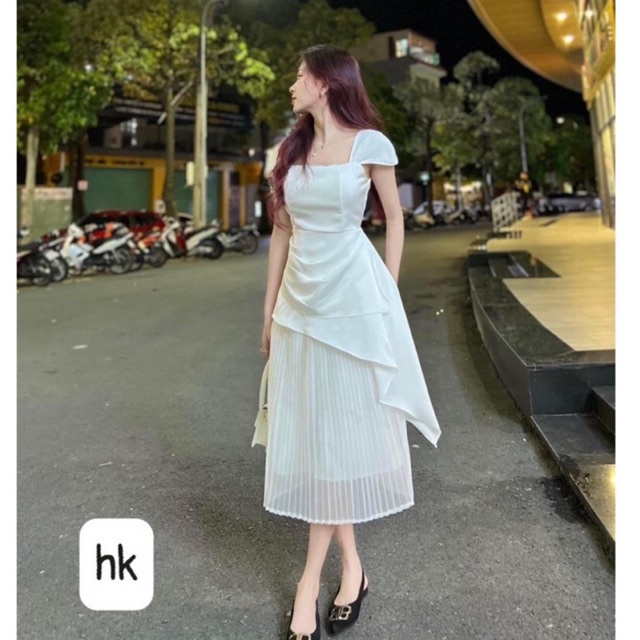 Đầm váy nữ dáng dài sang chảnh màu trắng vải tacta loại 1 thiết kế dáng dài dập ly liền sang trọng