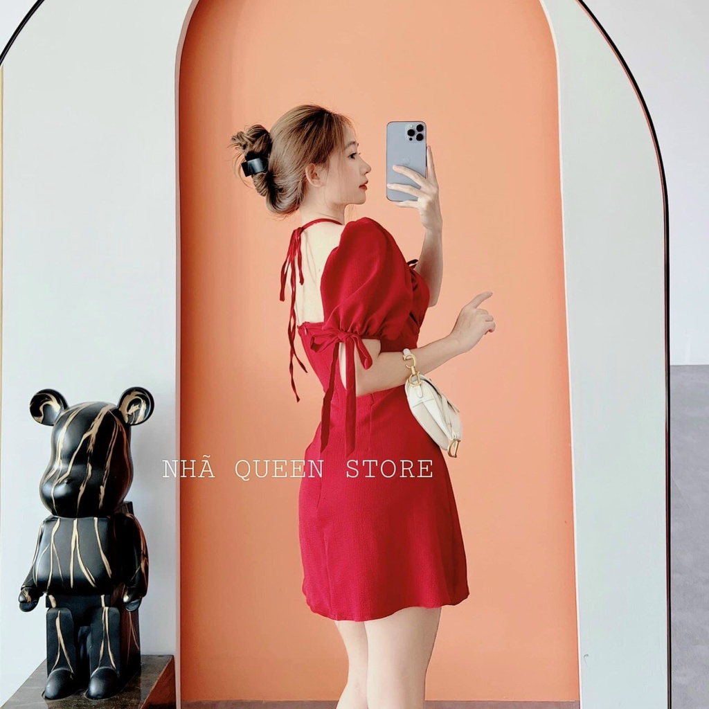 Đầm xòe cổ yếm tay cột nơ chất lụa nhung cao cấp đi tiệc,dạo phố,Noel,Tết siêu xinh