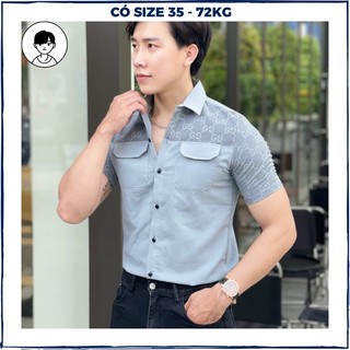 Áo sơ mi nam tay ngắn có cổ phối in chữ form ôm dáng chất liệu cotton lụa thoáng mát
