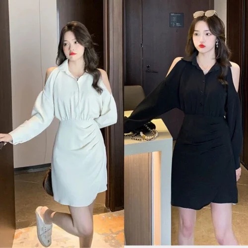 Đầm Sơ Mi Hiện Đại Cut Out Xếp Li Cách Điệu Tay Dài Cài Nút Màu Đen Trắng