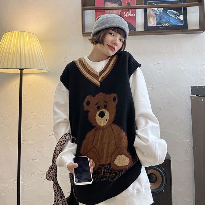 Áo Len Không Tay Cổ Chữ V Thiết Kế Mới Thời Trang Mùa Thu Đông Theo Phong Cách Nhật Bản Cho Nữ