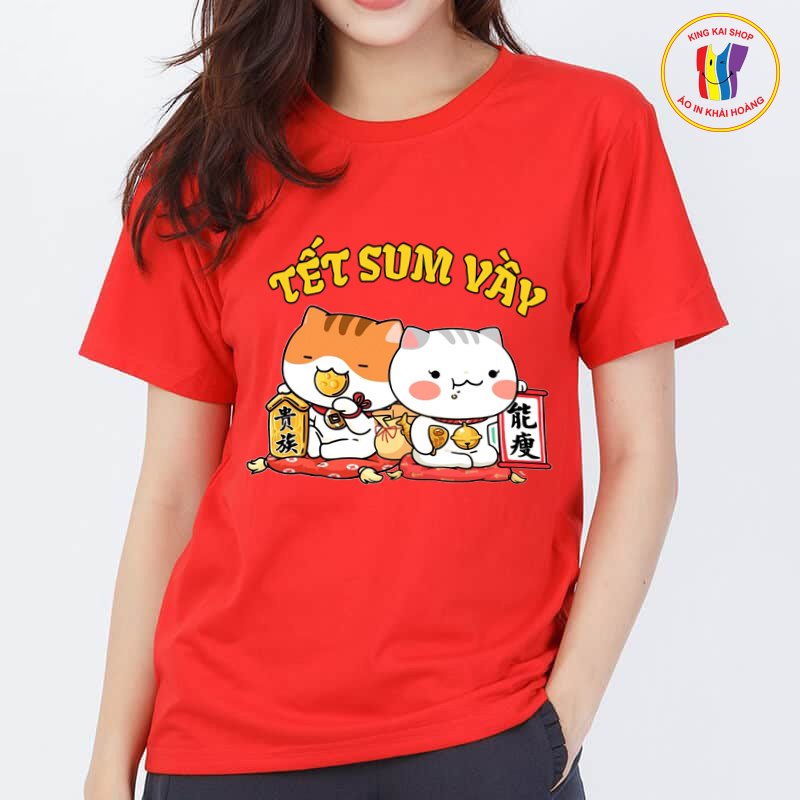áo thun tết 2023 in mèo tết sum vầy dễ thương coton co giản 4 chiều thoải mái