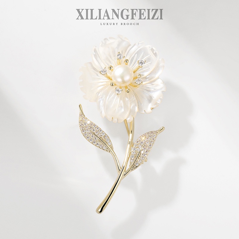 XILIANGFEIZI Ghim Cài Áo Hình Hoa Vỏ Sò Đính Ngọc Trai Tự Nhiên Cao Cấp Quà Tặng Nữ Thanh Lịch