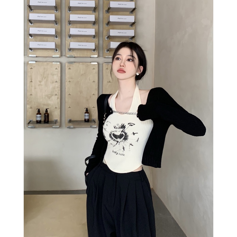 COZOKC Set Áo Khoác cardigan Tay Dài + Áo Hai Dây Dáng Ngắn Thời Trang Quyến Rũ Cho Nữ